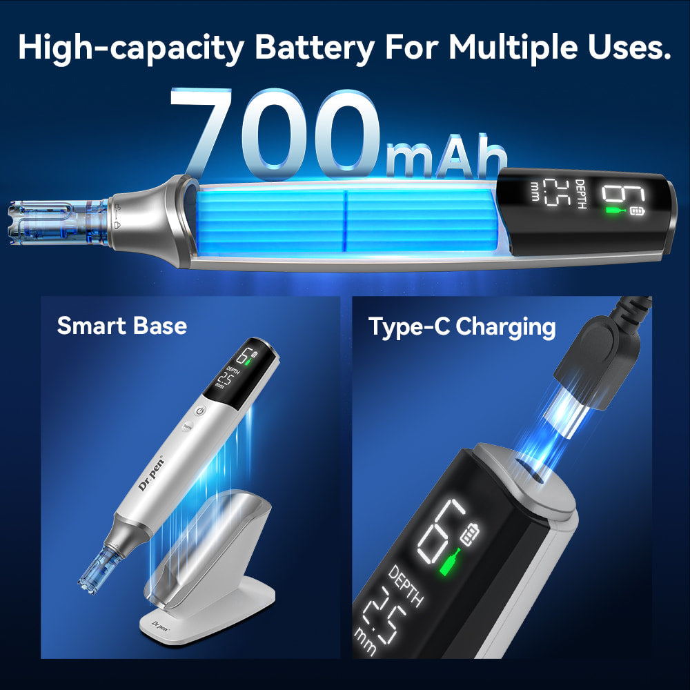 Dr. Pen M9 tehokkaalla 700mAh-akulla, USB-C-latauksella ja älykkäällä lataustelineellä langatonta microneedling ja pitkää käyttöaikaa varten.
