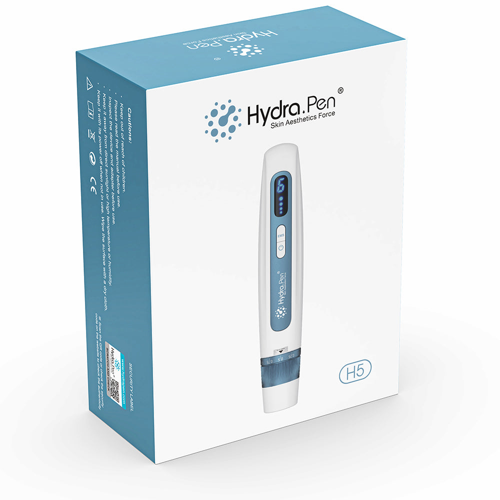 HydraPen H5 pakkaus, joka näyttää valkoisen ja sinisen microneedling-kynän seerumin infuusioon ja edistyneeseen ihonhoitoon.