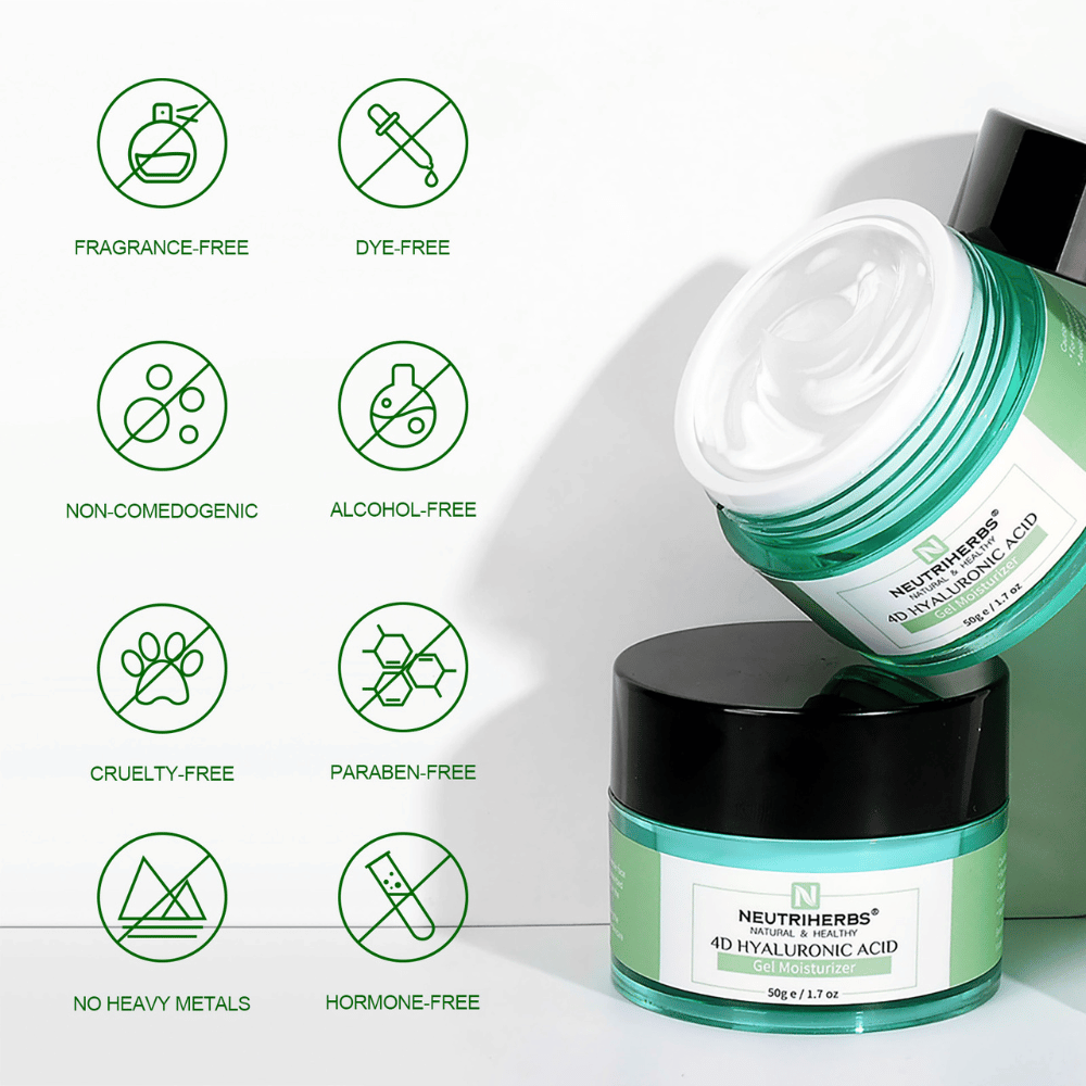 Neutriherbs 4D Hyaluronic Acid Gel Moisturizer 50 g kuvituksella tuotteen ominaisuuksista. Geelivoide on hajusteeton, alkoholiton, väriaineton, ei-komedogeeninen, parabeeniton ja cruelty-free sekä vapaa raskasmetalleista ja hormoneista, mikä tekee siitä hellävaraisen kaikille ihotyypeille, myös herkälle iholle.