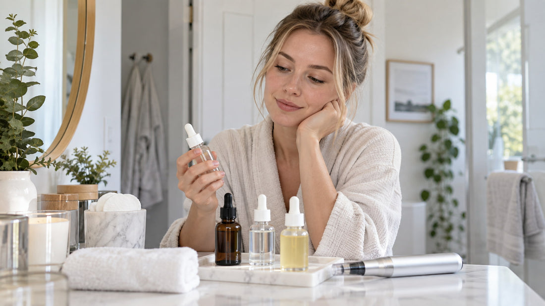 Kvinna väljer serum att använda under microneedling hemma