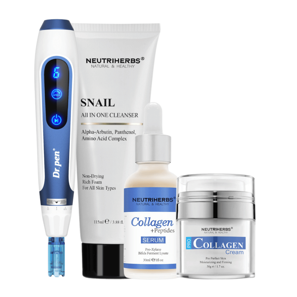 Anti-Age Kit ja Dr. Pen A11, Neutriherbs Snail Cleanser, Collagen + Peptides Serum ja Pro Collagen Cream.