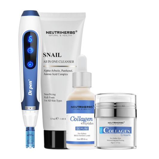 Anti-Age Kit ja Dr. Pen A11, Neutriherbs Snail Cleanser, Collagen + Peptides Serum ja Pro Collagen Cream.