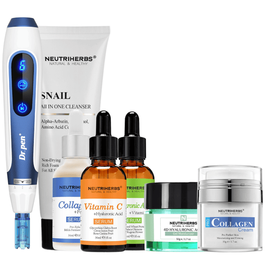 Complete Skin Renewal Kit ja Dr. Pen A11, Neutriherbs Snail Cleanser, kolme seerumia, 4D Hyaluronic Acid Gel Moisturizer ja Pro Collagen Cream.