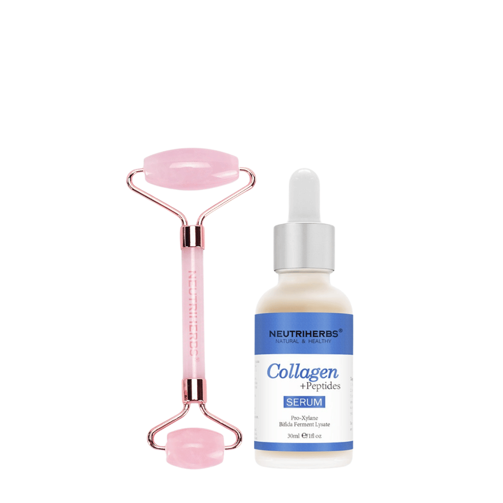 Face Massage Roller Firming Kit ruusukvartsirollerilla ja Collagen + Peptides Serumilla