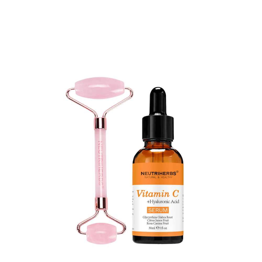 Face Massage Roller Glow Kit ruusukvartsirullan ja Vitamin C Serum kanssa