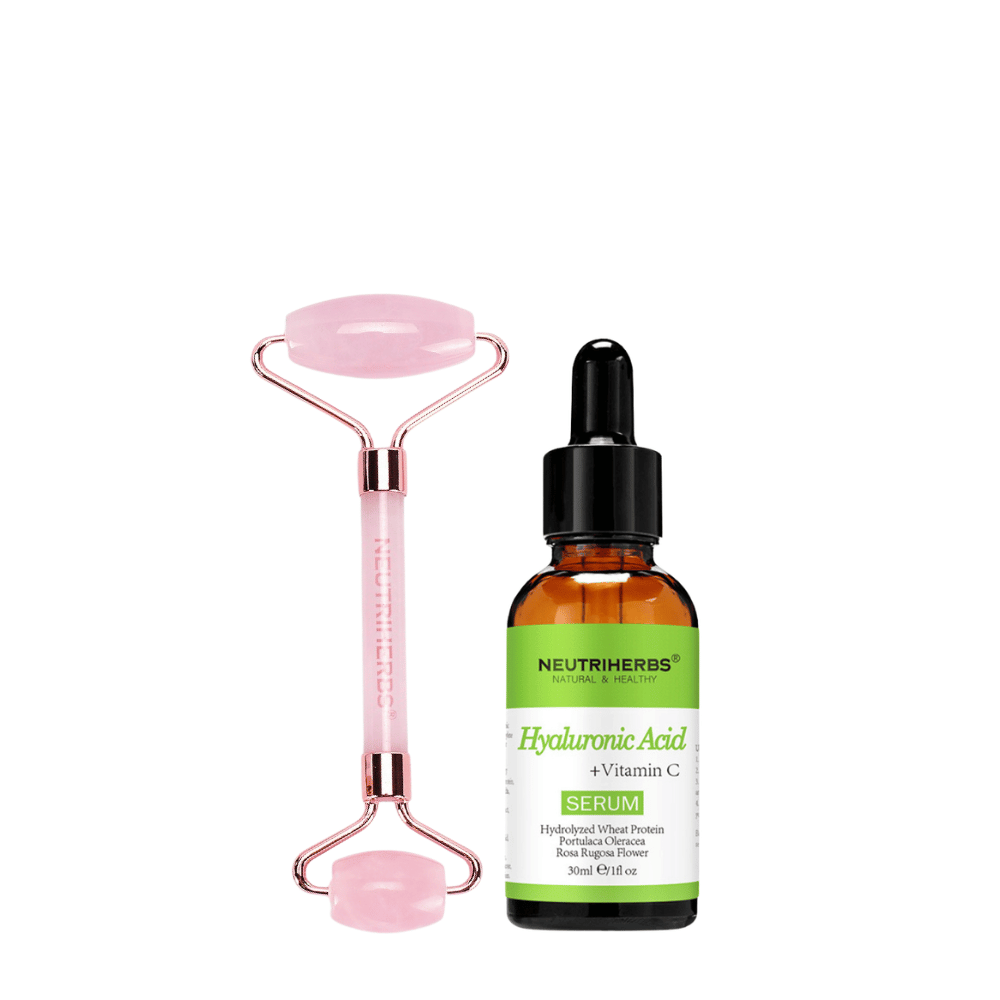 Face Massage Roller Hydration Kit ruusukvartsirollerilla ja Hyaluronic Acid Serum