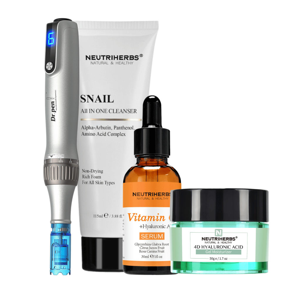 Glow & Brightening Kit yhdessä Dr. Pen M8S -laitteen, Neutriherbs Snail Cleanserin, Vitamin C Serumin ja 4D Hyaluronic Acid Gel Moisturizerin kanssa.