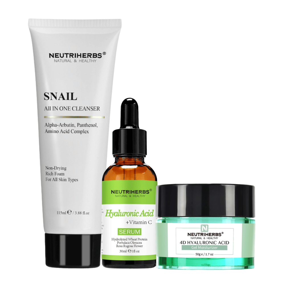 Hydration Routine Kit, jossa on Hyaluronic Acid Serum, 4D Hyaluronic Acid Gel ja Snail Cleanser