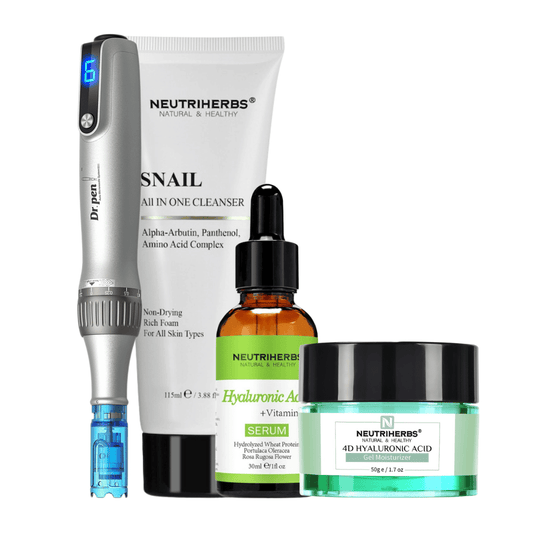 Microneedling Starter Kit tuotteen Dr. Pen M8S kanssa, Neutriherbs Snail Cleanser, Hyaluronic Acid Serum ja 4D Hyaluronic Acid Gel Moisturizer.