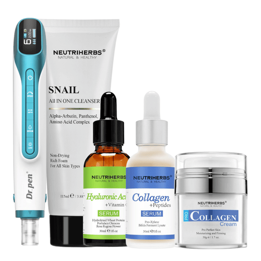 Premium Anti-Aging Kit mukana Dr. Pen H6, puhdistus, hyaluronihapposeerumi, kollageeniseerumi ja kollageenivoide.