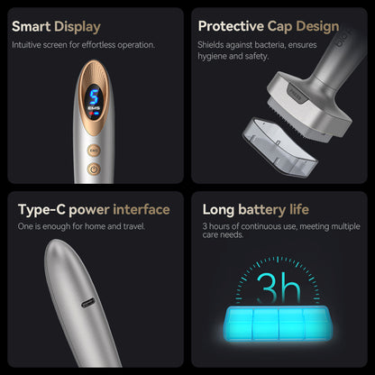 Bio Pen Bio 6 funktionsöversikt med smart display, skyddslock för hygien, Type-C-laddning och lång batteritid på upp till 3 timmar, designad för effektiv hud- och hårvårdsbehandling.
