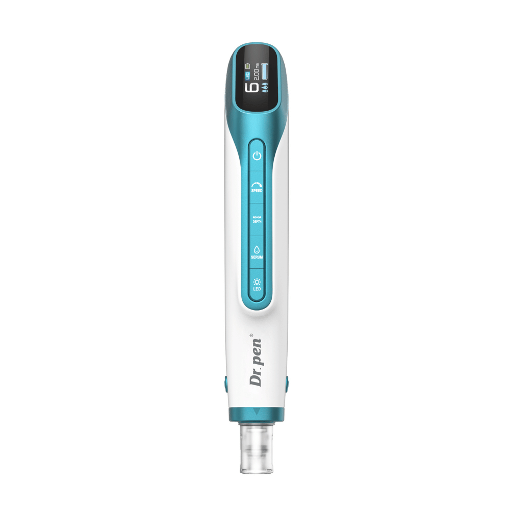 Dr. Pen H6 microneedling-kynä edestä katsottuna digitaalisella näytöllä ja ohjauspainikkeilla.