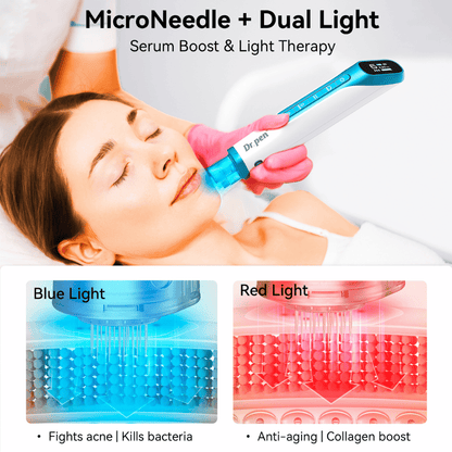 Dr. Pen H6 microneedling-kynä punaisella ja sinisellä LED-valolla ihohoitoon.