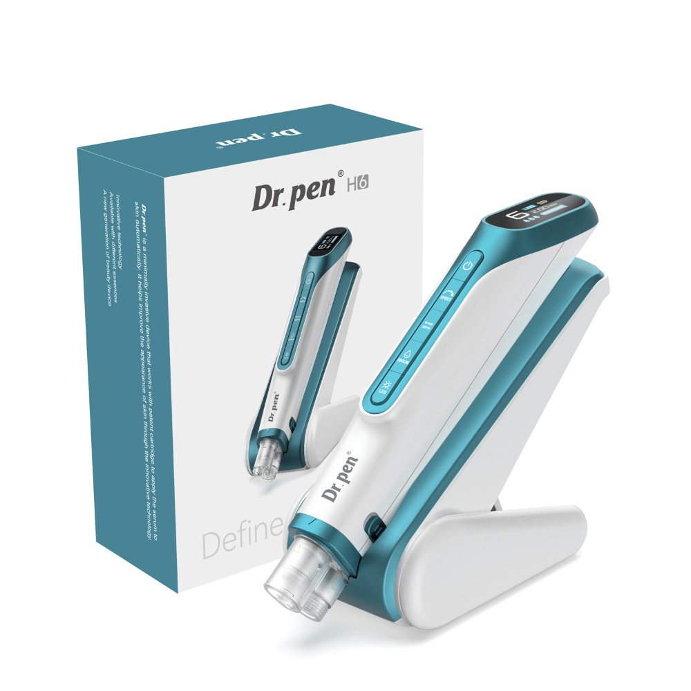 Dr. Pen H6 microneedling-kynä digitaalisella näytöllä, mukana teline ja alkuperäispakkaus.