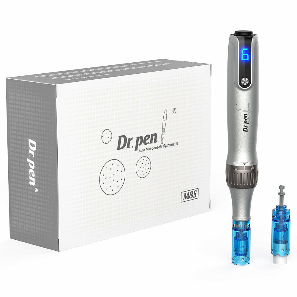 Dr. Pen M8S microneedling-kynä LED-näytöllä, vaihdettavat neulapatruunat ja täydellinen pakkaus – ammattilaisen kit edistyneeseen ihonhoitoon.