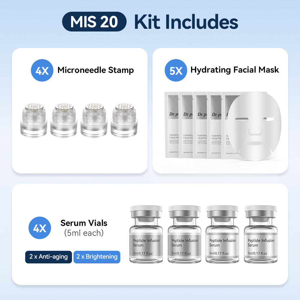Dr. Pen MIS20 Micro-Infusion Kit, jossa on neljä microneedle stampia, viisi kosteuttavaa kasvonaamiota ja neljä 5 ml:n seerumipulloa – kaksi anti-age-seerumia ja kaksi seerumia tasaisempaa ja säteilevämpää ihoa varten.