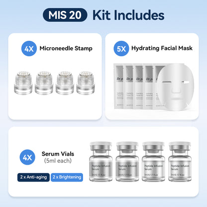 Dr. Pen MIS20 Micro-Infusion Kit, jossa on neljä microneedle stampia, viisi kosteuttavaa kasvonaamiota ja neljä 5 ml:n seerumipulloa – kaksi anti-age-seerumia ja kaksi seerumia tasaisempaa ja säteilevämpää ihoa varten.