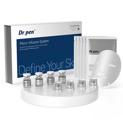 Dr. Pen MIS20 Micro-Infusion System täydellinen ihonhoitosetti peptide infusion serum -seerumeilla, micro-infusion-applikaattoreilla ja kosteuttavilla kasvonaamioilla hienojen juonteiden, epätasaisen ihonsävyn ja samean ihon hoitoon.