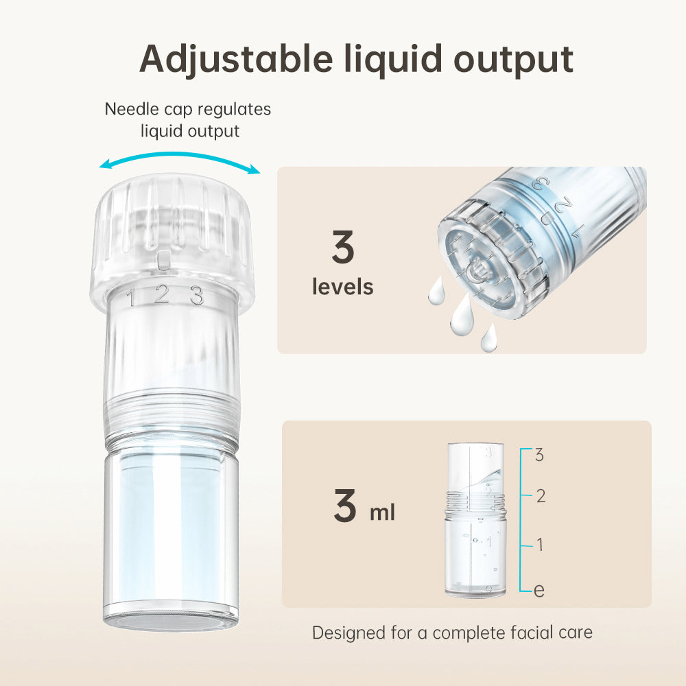 HydraPen H3 neulapää, jossa on säädettävä nesteannostelu kolmella tasolla ja 3 ml säiliö tarkkaan ja täydelliseen kasvohoitoon.