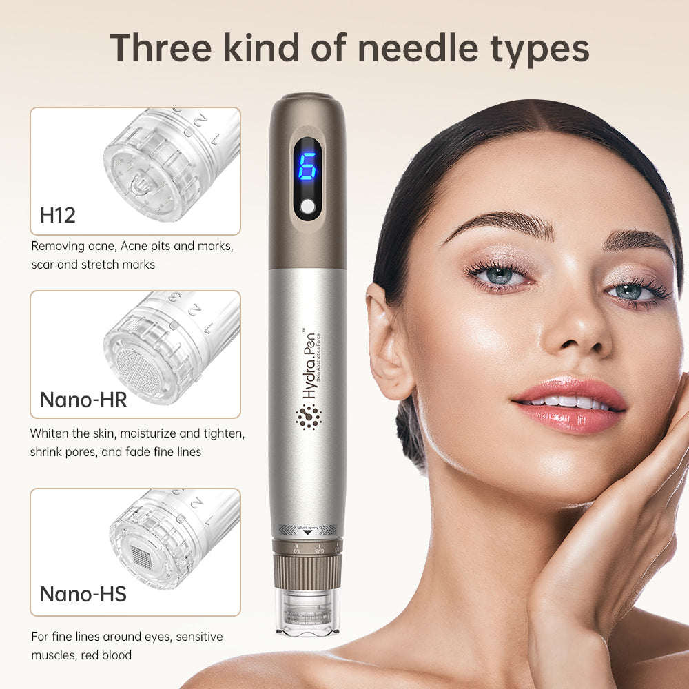 HydraPen H3, jossa on kolme erilaista neulatyyppiä – H12 arville ja aknelle, Nano-HR ihon uudistamiseen ja huokosten pienentämiseen sekä Nano-HS herkille alueille silmien ympärillä.