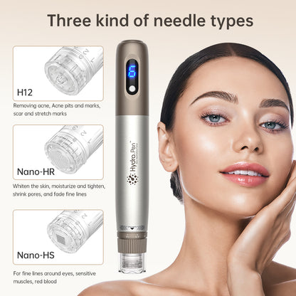 HydraPen H3, jossa on kolme erilaista neulatyyppiä – H12 arville ja aknelle, Nano-HR ihon uudistamiseen ja huokosten pienentämiseen sekä Nano-HS herkille alueille silmien ympärillä.