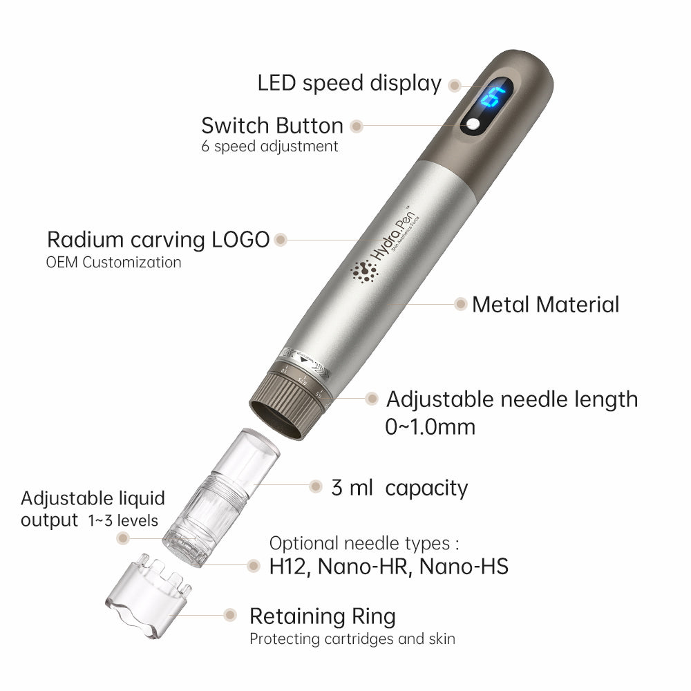 HydraPen h3, jossa on LED-nopeusnäyttö, 6 nopeutta, säädettävä neulansyvyys 0-1,0 mm, 3 ml nesteen säiliö, säädettävä nesteen vapautus ja yhteensopivat neulatyypit H12, Nano-HR ja Nano-HS.