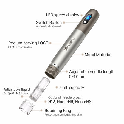 HydraPen h3, jossa on LED-nopeusnäyttö, 6 nopeutta, säädettävä neulansyvyys 0-1,0 mm, 3 ml nesteen säiliö, säädettävä nesteen vapautus ja yhteensopivat neulatyypit H12, Nano-HR ja Nano-HS.