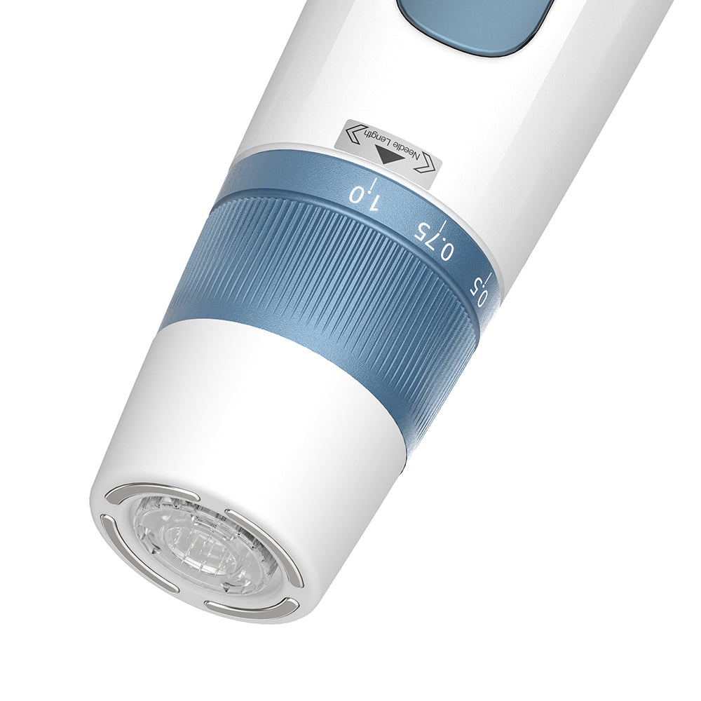 Lähikuva HydraPen H5:stä säädettävällä neulansyvyysrenkaalla, joka näyttää millimetriasteikot ja tarkkuussuunnittelun microneedling.