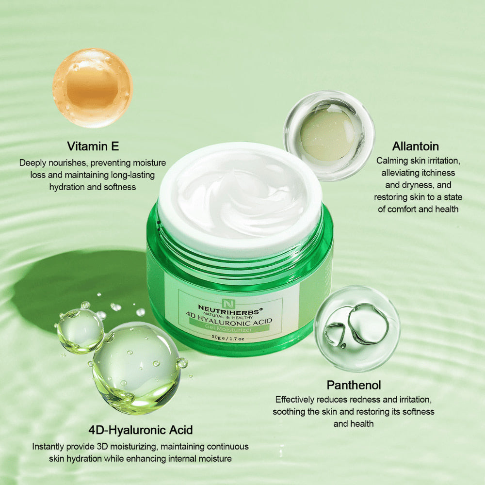 Neutriherbs 4D Hyaluronic Acid Gel Moisturizer 50 g aktiivisia ainesosia kuvaavalla kuvituksella. Voide sisältää 4D-hyaluronihappoa pitkäkestoiseen kosteutukseen sekä E-vitamiinia, pantenolia ja allantoiinia, jotka auttavat kosteuttamaan, rauhoittamaan ihoa ja vahvistamaan ihon suojamuuria.