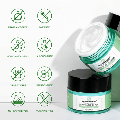 Neutriherbs 4D Hyaluronic Acid Gel Moisturizer 50 g kuvituksella tuotteen ominaisuuksista. Geelivoide on hajusteeton, alkoholiton, väriaineton, ei-komedogeeninen, parabeeniton ja cruelty-free sekä vapaa raskasmetalleista ja hormoneista, mikä tekee siitä hellävaraisen kaikille ihotyypeille, myös herkälle iholle.