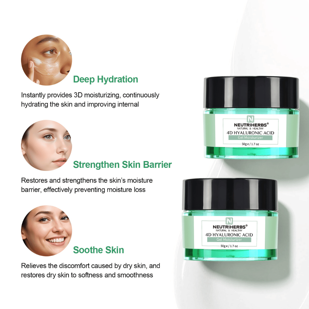 Neutriherbs 4D Hyaluronic Acid Gel Moisturizer 50 g kuvituksella tuotteen tärkeimmistä hyödyistä. Geelivoide antaa intensiivistä kosteutusta, auttaa vahvistamaan ihon suojamuuria ja rauhoittaa kuivaa ja herkkää ihoa pehmeämmän ja joustavamman ihotunteen saavuttamiseksi.