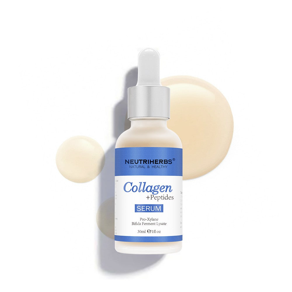 Neutriherbs Collagen + Peptides Serum 30 ml valkoista taustaa vasten koristeellisilla kollageenikuplilla. Kosteuttava ja kiinteyttävä kasvoseerumi, joka auttaa parantamaan ihon kimmoisuutta ja vähentämään näkyviä hienoja juonteita.