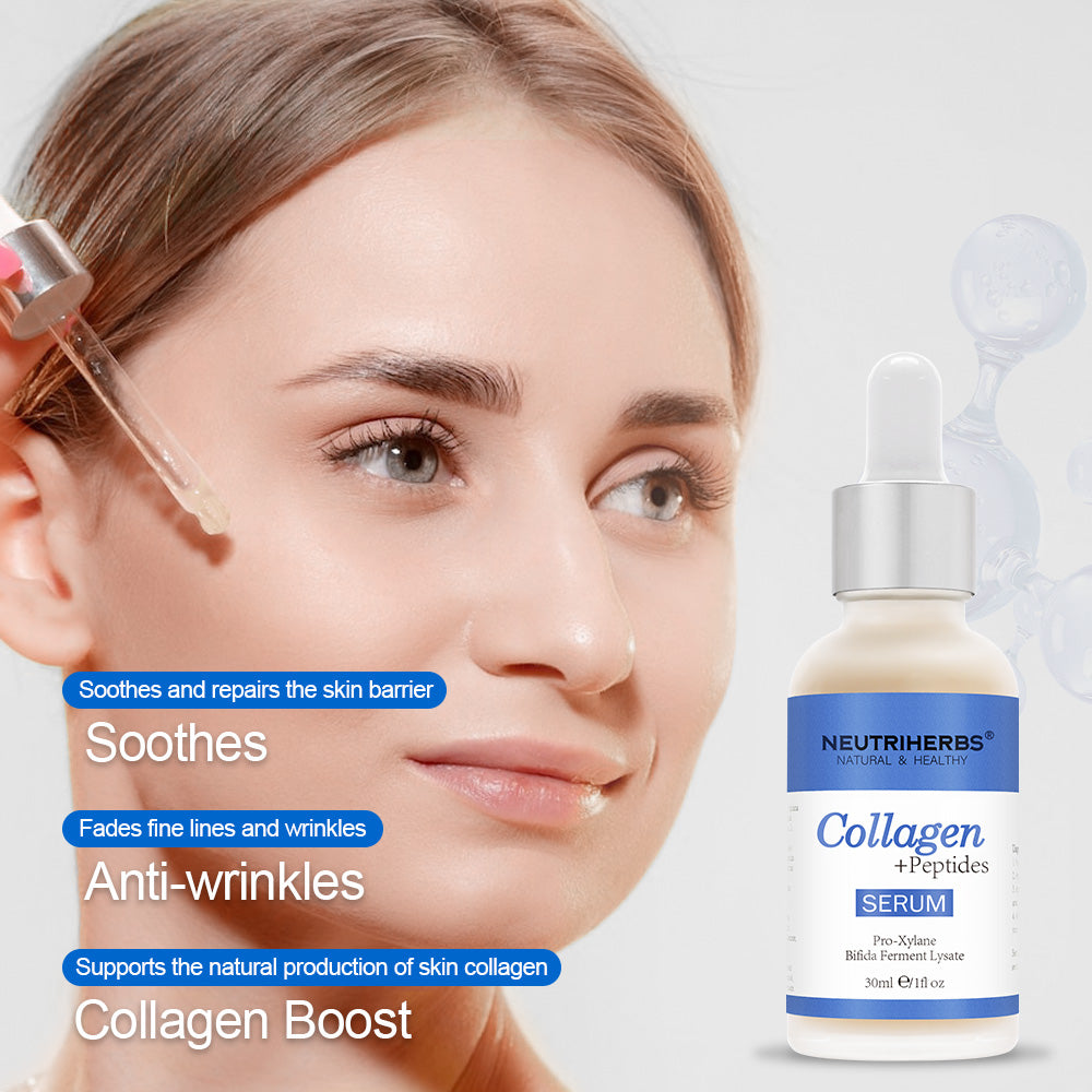 Nainen levittää Neutriherbs Collagen + Peptides Serum 30 ml:aa pipetillä kasvoille. Kosteuttava seerumi, joka auttaa vahvistamaan ihosuojaa, parantamaan ihon kimmoisuutta ja vähentämään näkyviä hienoja juonteita ja ryppyjä.