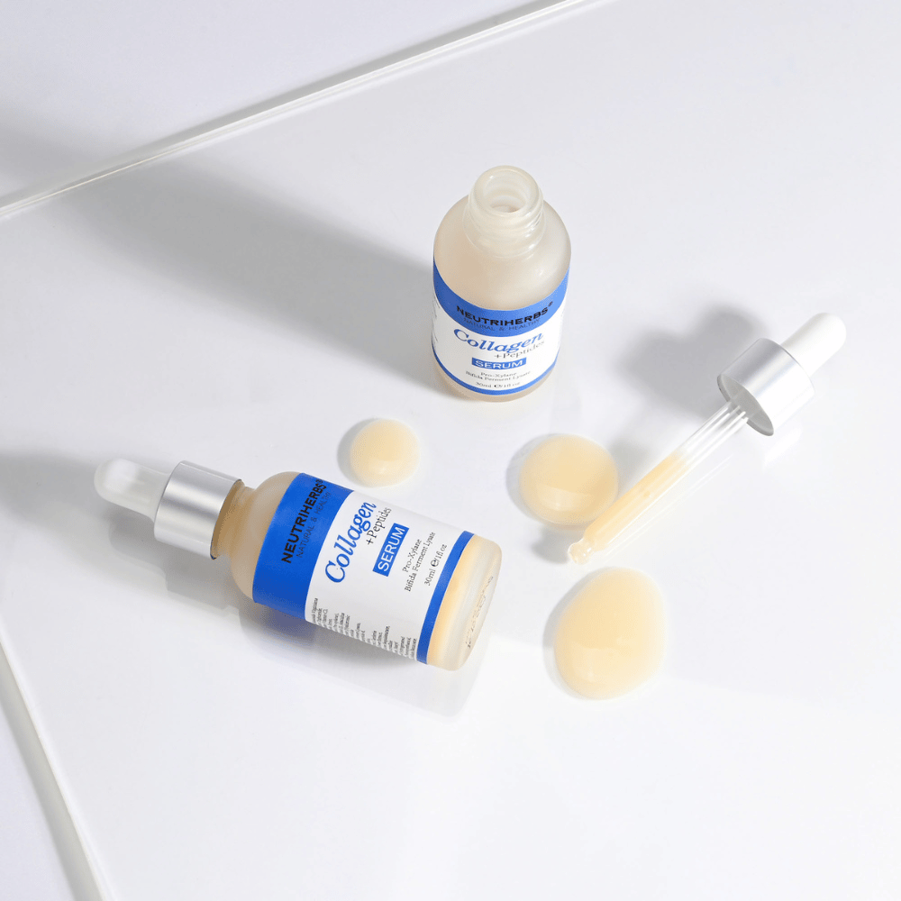 Neutriherbs Collagen + Peptides Serum 30 ml avoimella pullolla, pipetillä ja seerumikoostumuksella. Lähikuva, joka näyttää silkkisen pehmeän koostumuksen ja käytännöllisen pipettiannostelijan tarkkaa annostelua varten.