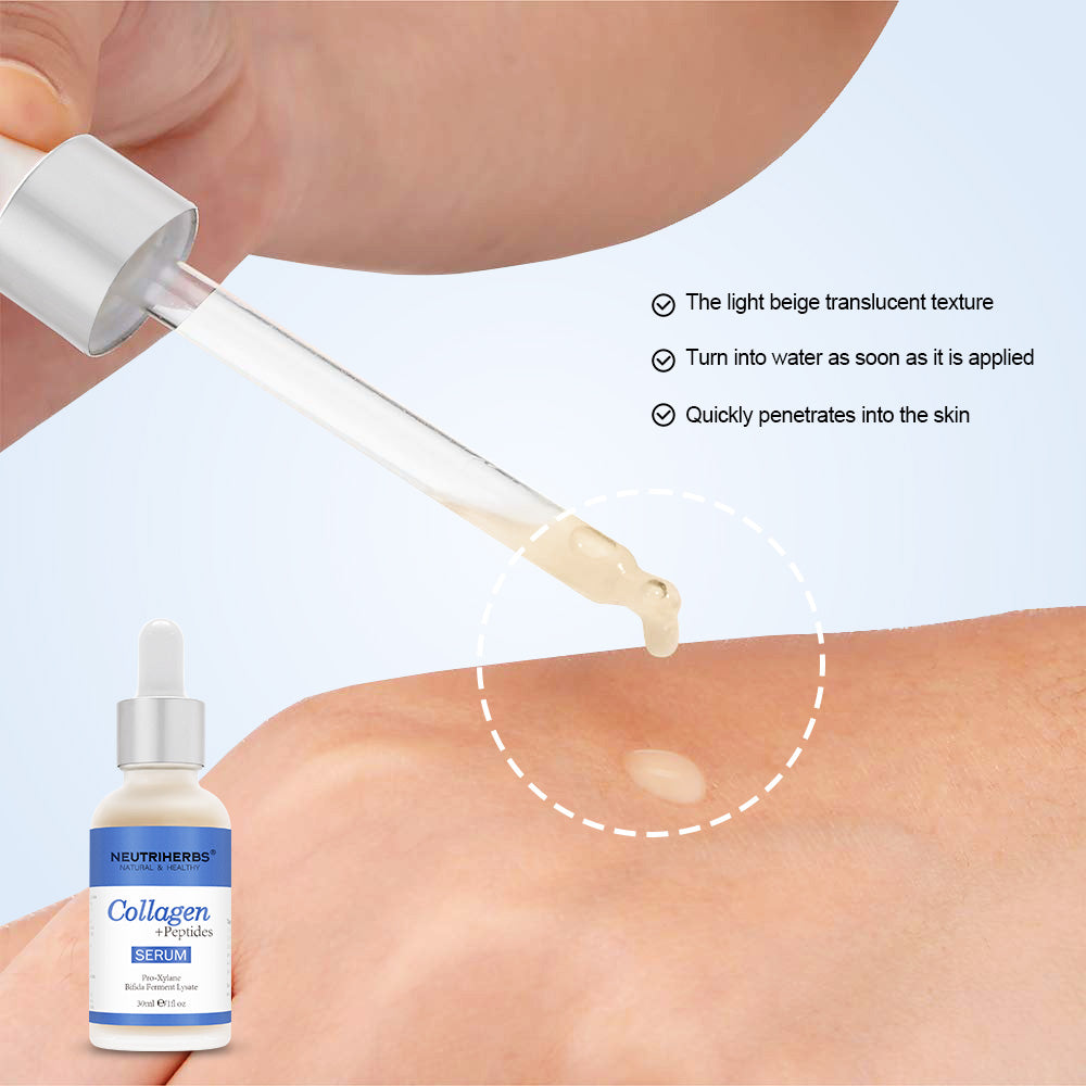 Lähikuva Neutriherbs Collagen + Peptides Serum 30 ml:stä, jota levitetään iholle pipetillä. Kuva näyttää seerumin kevyen, nopeasti imeytyvän koostumuksen, joka kosteuttaa ihoa tuntumatta tahmealta.