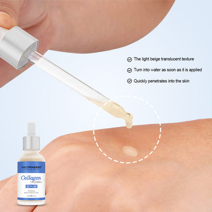 Lähikuva Neutriherbs Collagen + Peptides Serum 30 ml:stä, jota levitetään iholle pipetillä. Kuva näyttää seerumin kevyen, nopeasti imeytyvän koostumuksen, joka kosteuttaa ihoa tuntumatta tahmealta.