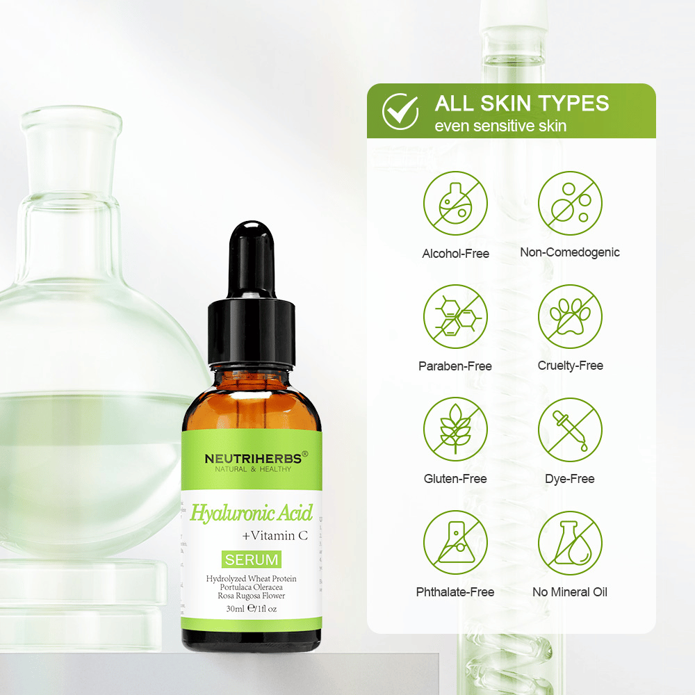Neutriherbs Hyaluronic Acid + Vitamin C Serum 30 ml kaikille ihotyypeille, myös herkälle iholle. Kosteuttava kasvoseerumi ilman alkoholia, parabeeneja, mineraaliöljyä tai väriaineita, joka vahvistaa ihon suojamuuria ja antaa iholle hehkua.