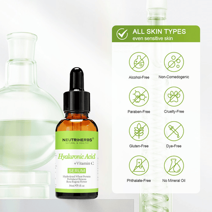 Neutriherbs Hyaluronic Acid + Vitamin C Serum 30 ml kaikille ihotyypeille, myös herkälle iholle. Kosteuttava kasvoseerumi ilman alkoholia, parabeeneja, mineraaliöljyä tai väriaineita, joka vahvistaa ihon suojamuuria ja antaa iholle hehkua.