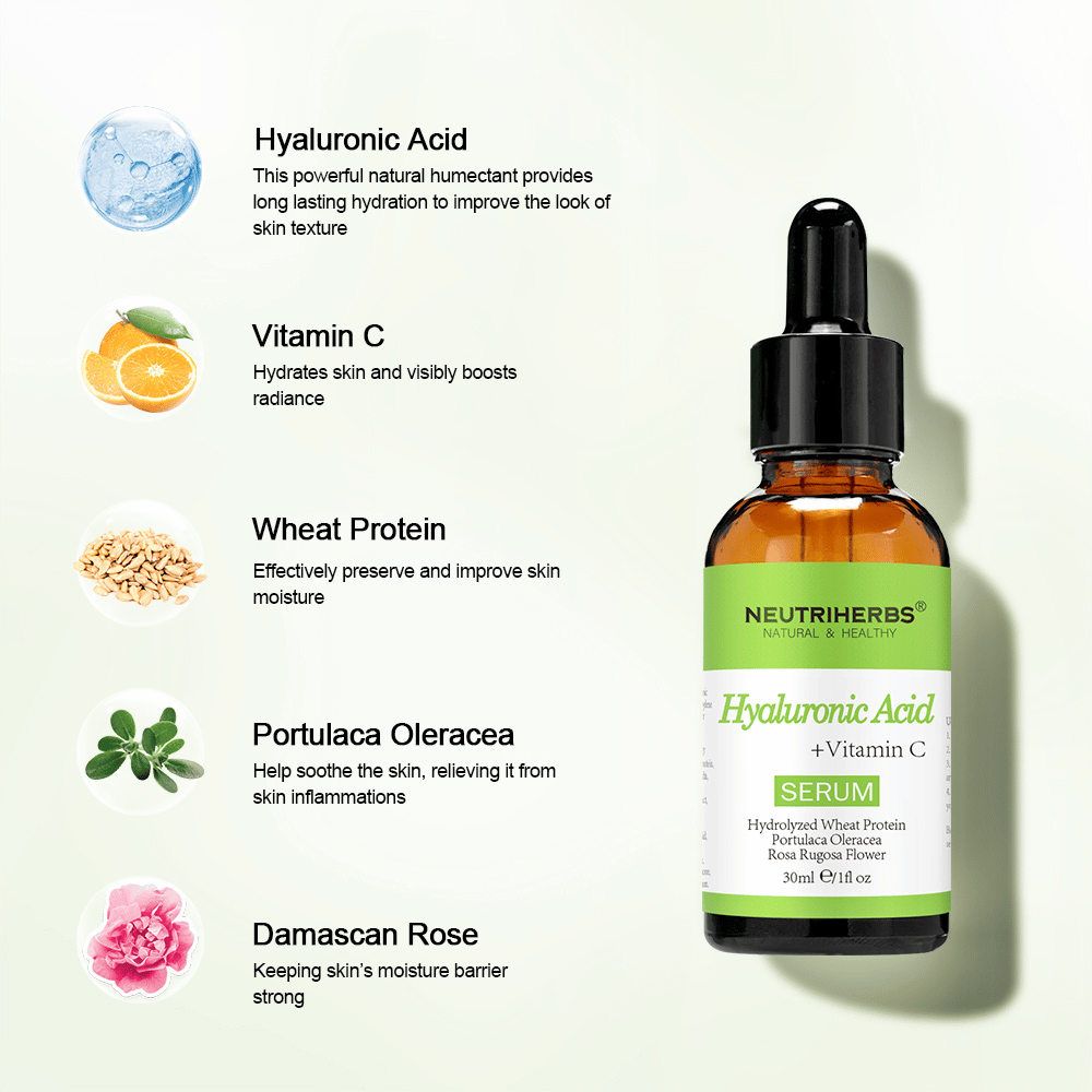 Neutriherbs Hyaluronic Acid + Vitamin C Serum 30 ml sisältää hyaluronihappoa, C-vitamiinia, hydrolysoitua vehnäproteiinia, Portulaca Oleraceaa ja damaskonruusua. Kosteuttava kasvoseerumi, joka vahvistaa ihon suojamuuria, rauhoittaa ihoa ja lisää hehkua.