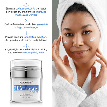 Neutriherbs Pro Collagen Cream 50 g kosteuttava kasvovoide kollageenilla. Kuva, jossa voidetta levitetään iholle, ja jossa korostetaan tuotteen ominaisuuksia: stimuloi kollageenin tuotantoa, edistää kiinteämpää ihoa, antaa pitkäkestoista kosteutusta ja imeytyy nopeasti tuntumatta rasvaiselta.