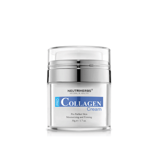 Neutriherbs Pro Collagen Cream 50 g tyylikkäässä purkissa. Kosteuttava ja kiinteyttävä kasvovoide, joka on kehitetty parantamaan ihon kimmoisuutta, antamaan pitkäkestoista kosteutusta ja edistämään kiinteämpää ihoa pehmeällä ja joustavalla tunteella.
