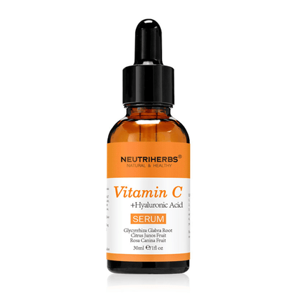 Neutriherbs Vitamin C + Hyaluronic Acid Serum 30 ml valkoista taustaa vasten. C-vitamiinia ja hyaluronihappoa sisältävä kasvoseerumi, joka kosteuttaa ihoa, lisää hehkua ja edistää tasaisempaa ihonsävyä.