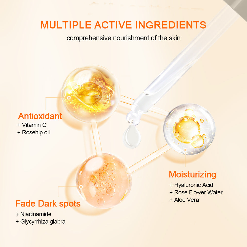 Kuvitus, joka näyttää aktiiviset ainesosat tuotteessa Neutriherbs Vitamin C + Hyaluronic Acid Serum. C-vitamiini ja ruusunmarjaöljy antavat antioksidanttisuojaa, hyaluronihappo, ruusuvesi ja aloe vera kosteuttavat ihoa, kun taas niasiiniamidi ja lakritsinjuuri auttavat vähentämään pigmenttiläiskiä ja antamaan tasaisemman ihonsävyn.