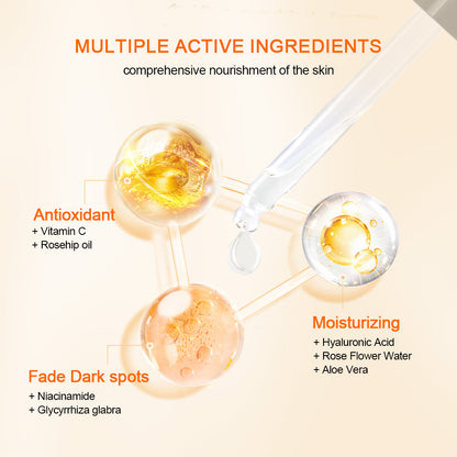 Kuvitus, joka näyttää aktiiviset ainesosat tuotteessa Neutriherbs Vitamin C + Hyaluronic Acid Serum. C-vitamiini ja ruusunmarjaöljy antavat antioksidanttisuojaa, hyaluronihappo, ruusuvesi ja aloe vera kosteuttavat ihoa, kun taas niasiiniamidi ja lakritsinjuuri auttavat vähentämään pigmenttiläiskiä ja antamaan tasaisemman ihonsävyn.