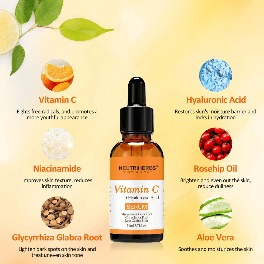 Kuva tärkeimmistä ainesosista tuotteessa Neutriherbs Vitamin C + Hyaluronic Acid Serum 30 ml. Näyttää C-vitamiinin, hyaluronihapon, niasiiniamidin, ruusunmarjaöljyn, lakritsinjuuren ja aloe veran – ainesosat, jotka kosteuttavat ihoa, lisäävät hehkua, tasoittavat ihonsävyä ja vahvistavat ihon suojamuuria.